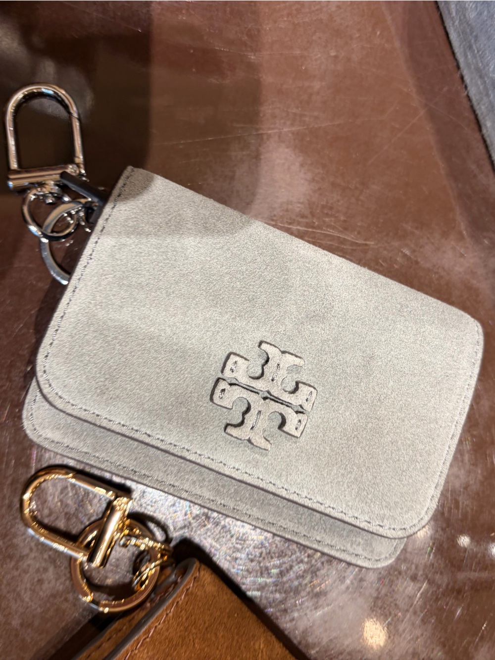 Tory Burch gray suede pebble leather Thea flip card case chainnew with tag new